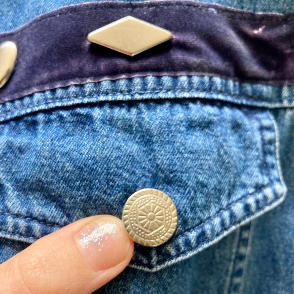 Vintage 90s Denim Button Down Silver Velvet Sleeveless Slit Maxi Dress L - Picture 5 of 9